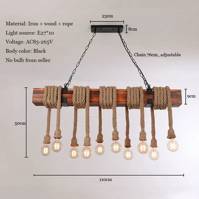 10 Hoofden Hout Licht Retro Industriële Henneptouw Hanglamp Cafe Bar Loft Thee Woonkamer Eetkamer Hout kroonluchter