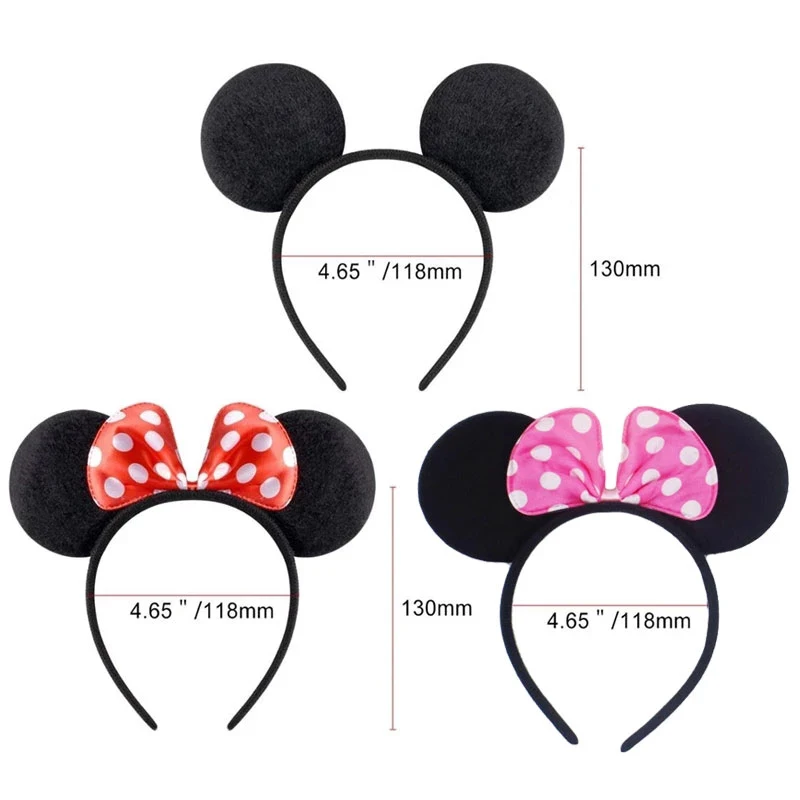 6Pcs Mickey Mouse Ears Solid Black Red Bow Headband Set Costume Deluxe Fabric Mouse Ears Headband for Party Favor Decorations