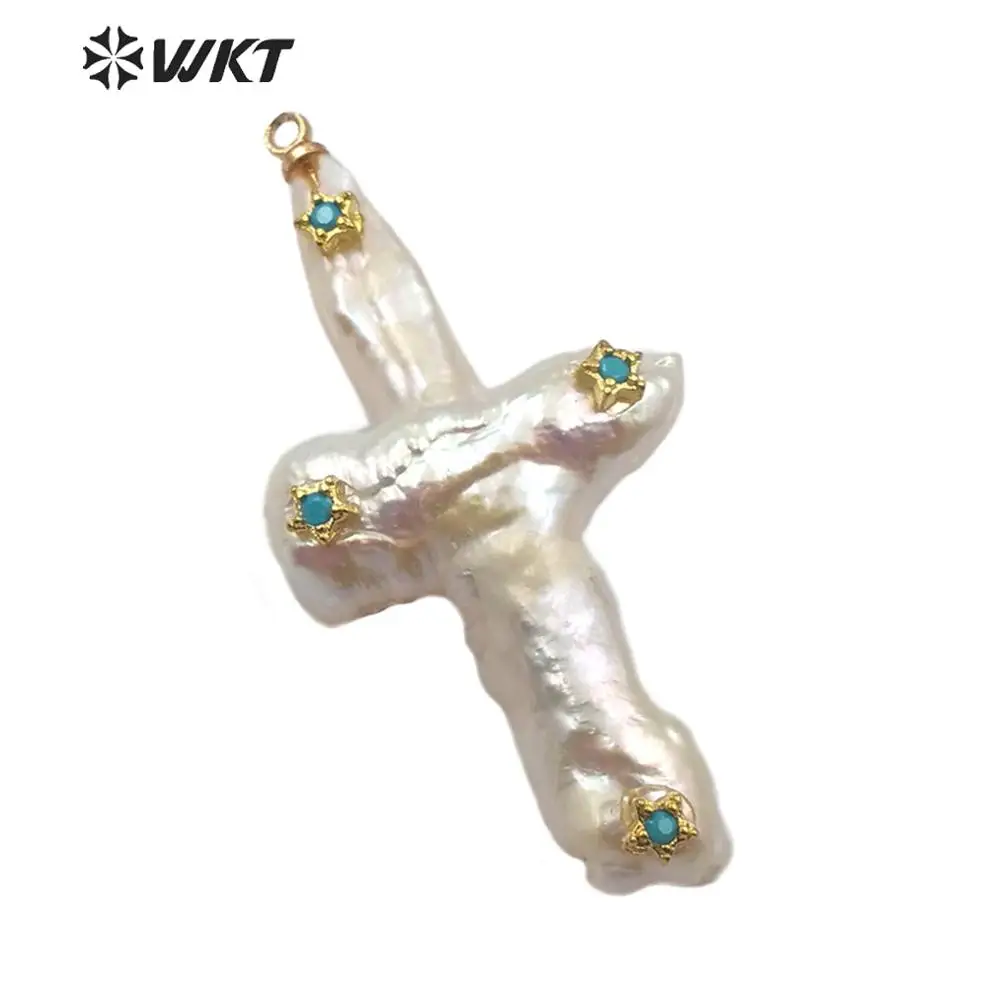 

WT-MP139 WKT Cross Shape Gold Pendant Natural Pearl Crafts With Colored Cubic Zirconia Women Fashion Necklace Jewelry New Gift