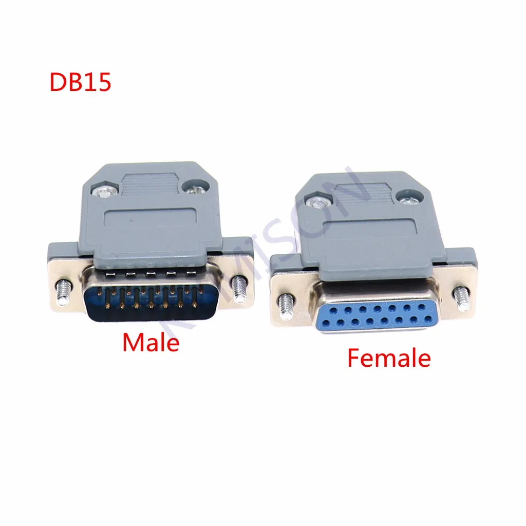 10 sztuk RS232 DB15 15 Pin żeńskie/męskie 2 rzędy typ lutowania wtyczka D-SUB męskie złącze wtykowe plastikowe złącze montażowe Shell Cover