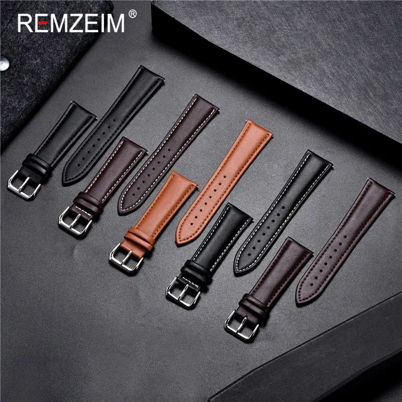 REMZEIM Universal Leather Watchband Strap 16mm 18mm 20mm 22mm 24mm With Stainless Steel Buckle Watch Accessories Black Brown