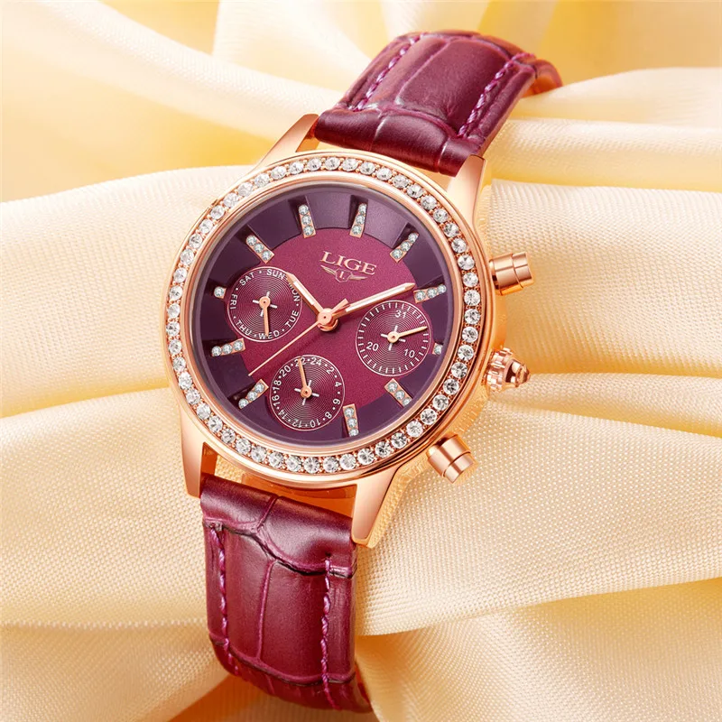 LIGE Top Luxus Marke Frauen Uhren Freizeit mode Leder Quarz Damen Diamant Kleid uhr Weibliche geschenk Relogio Feminino + Box