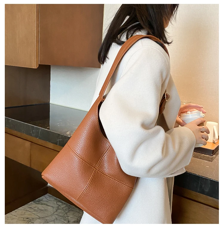 Women\'s Soft Leather Handbag High Quality Women Shoulder Bag Big Shopper Tote Bucket Bag Fashion Women\'s Handbags Solid color