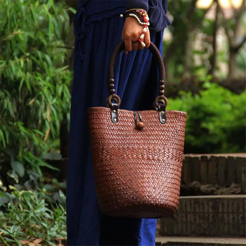 18x22CM Original Chinese Features Handmade Old Straw Rattan Retro Bag Shoulder Bag Woven Bucket Bag a6103