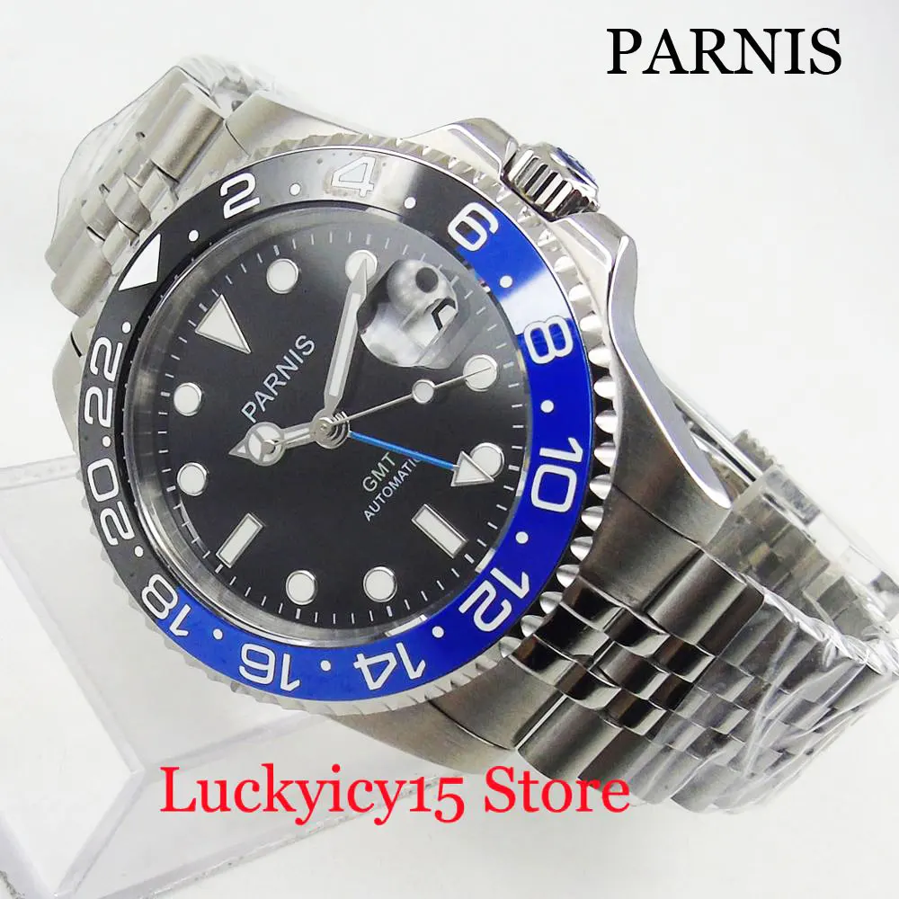 

PARNIS Top Brand 40mm Black Dial With Stainless Steel Strap With Date Window Black Blue Bezel