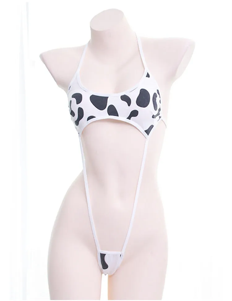 Kawaii Cosplay Cow Print Mini Backless One Piece Micro Bikini Jumpsuit Erotic Sex Costumes Bodysuit for Women Sexy Lingerie