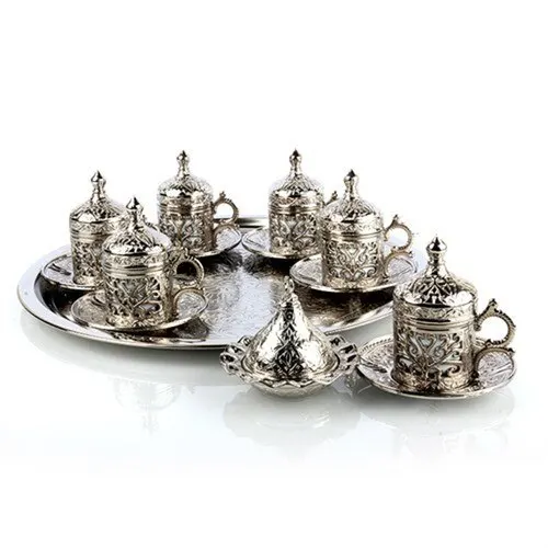 OTTOMAN Empire Silver coffeeware handmade Nostalgia Coffee Set Cup 6 Person Arabic Espresso Tea Drinkware services plates Turk