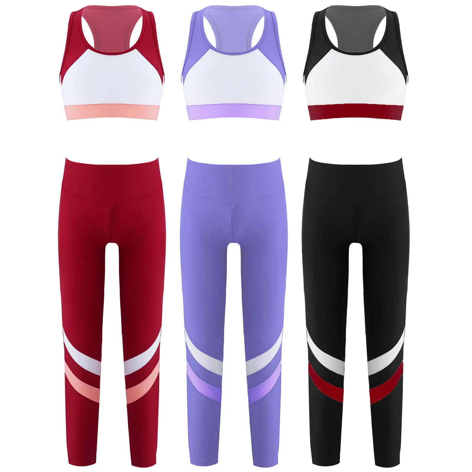 Kids Girls Sport Suit Gymnastics&Workout Outfits Racer Back Crop Tank Tops and Leggings Pants Set for Sportswear Dancewear Sets