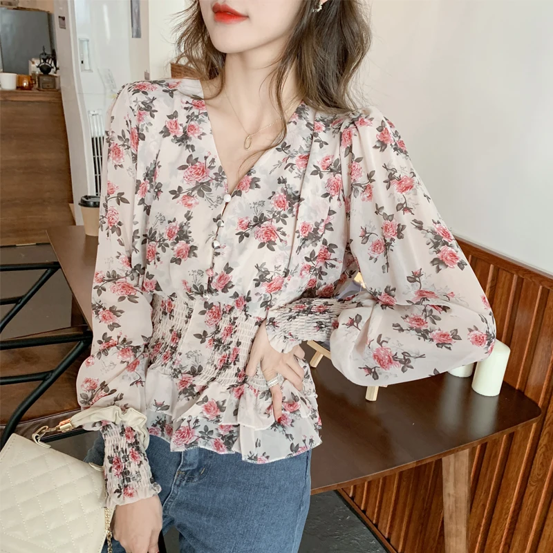 Blouses Femme 2021 Spring Short Floral Chiffon Shirt V-neck Waist Lantern Sleeve Top Fashion Ladies Women's Short Printed Blouse