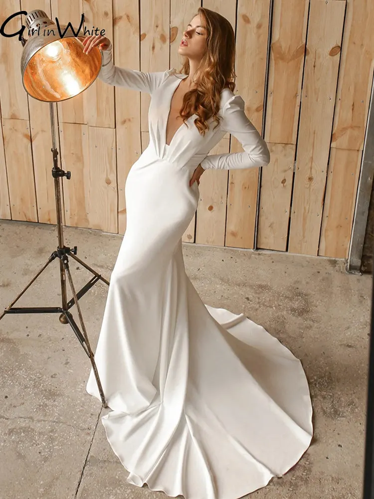 Robe de Mariage Sexy cuello en V profundo vestidos de novia de sirena de satén mangas completas vestidos de novia de boda personalizados tren de corte