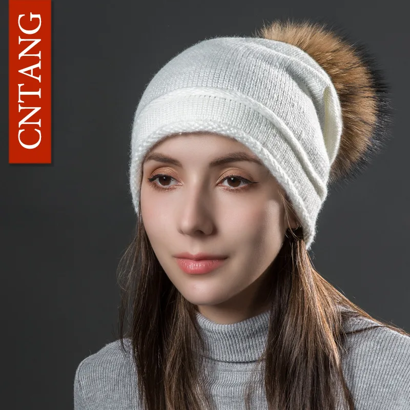 Multiple Styles Fashion Warm Hat Women Winter Beanies Natural Raccoon Fur Pompom Cap Wool Knitted Hats Women High Quality