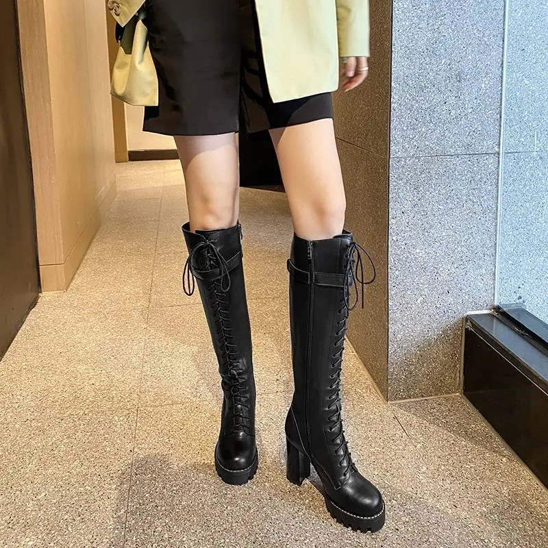 MORAZORA Size 34-42 New Brand Genuine Leather Boots Women High Heels Winter Platform Knee High Boots Buckle Motorcycle Boots