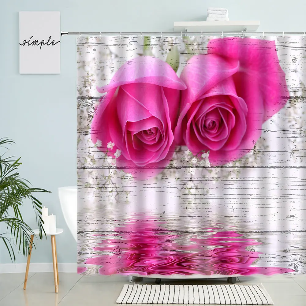 Pink Rose Flower Shower Curtain Orchid Poppy Plant Leaf Vintage Old Wooden Board Bathroom Wall Decor With Hook Waterproof Screen