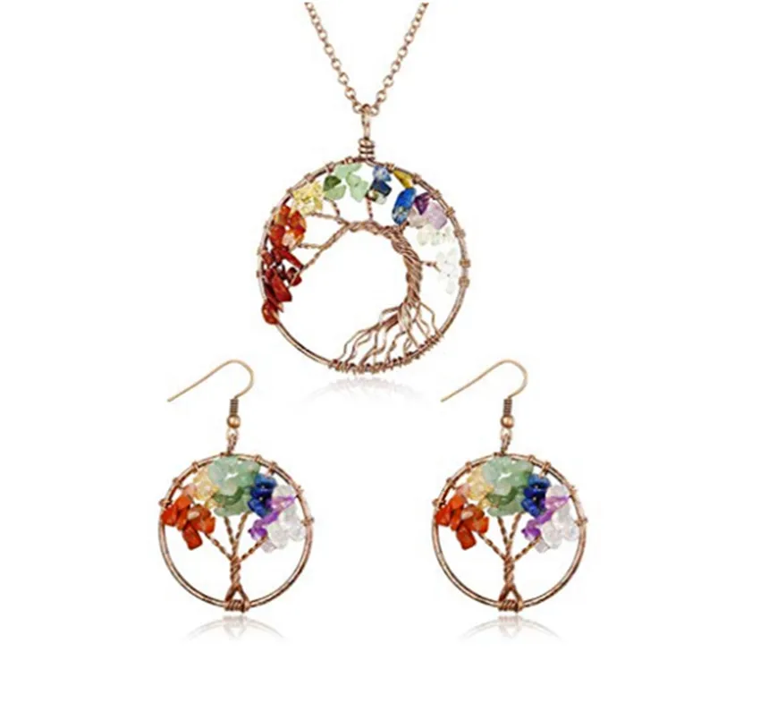 

FYJS Unique Copper Plated Wire Wrap Tree of Life Pendant Link Chain Necklace Drop Earrings Rainbow Stone Jewelry Sets