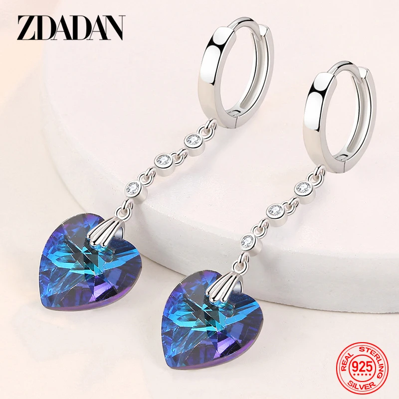 Kolczyki ZDADAN 925 Sterling Silver w kształcie serca z niebieskim kryształem dla kobiet, biżuteria ślubna, uroczy prezent.