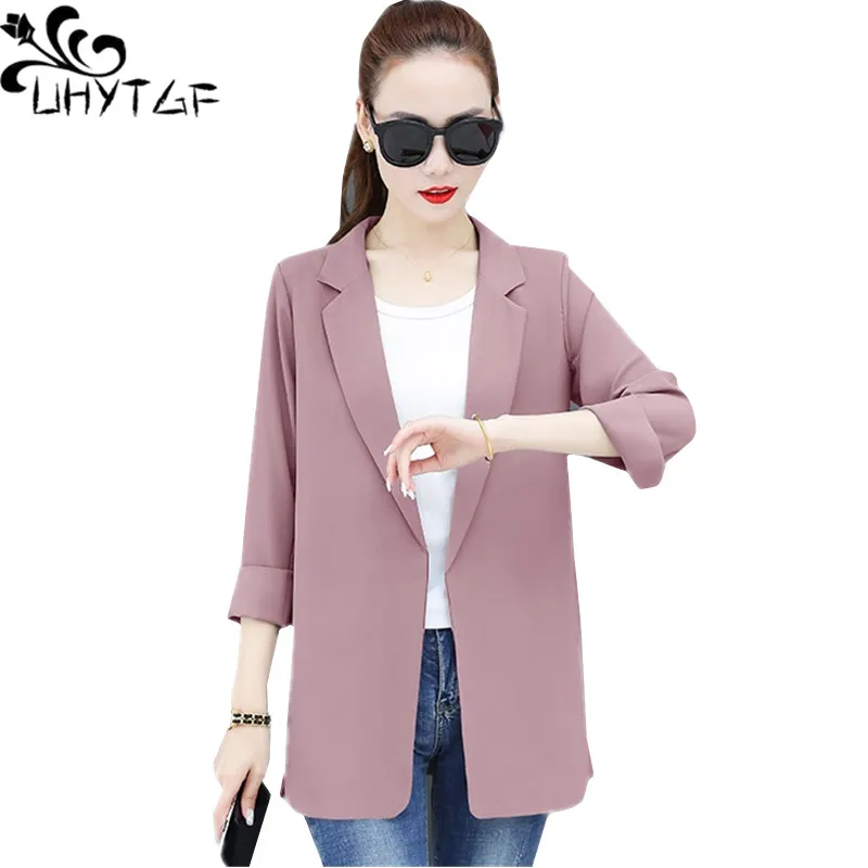 UHYTGF Fashion Women Spring Summer Jacket 2021 New Chiffon Thin Sun Protection Clothing Cardigan Blazer 3XL Loose Size Coat 1659