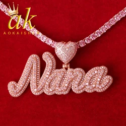 Custom Name Bubble Letter Pendant Rose Gold Plated Pink Stones Women Necklace Hip Hop Jewelry