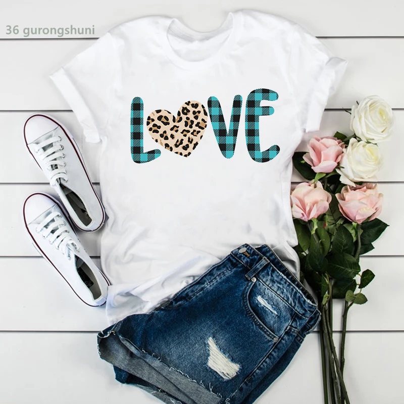 Newly wommen t-shirt Love Design Leopard Heart Poster graphic print t shirt femme fashion retro camiseta mujer tshirt white tops