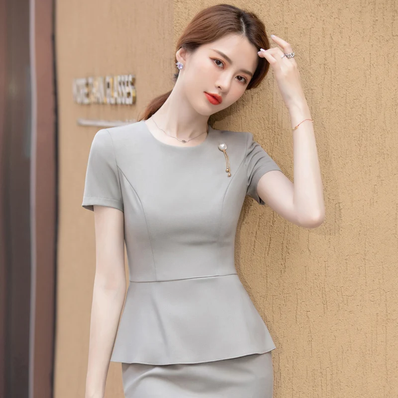 Summer Short Sleeve Elegant Apricot Formal Professional Business Suits 2 Piece Set with Skirt and Tops Women OL Styles Blazers