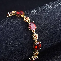 Luxury Gold Color Hands Chain Jewelry Charm Bridal Red Garnet Stone Bracelet For Women Engagement Wedding Costume Jewelry