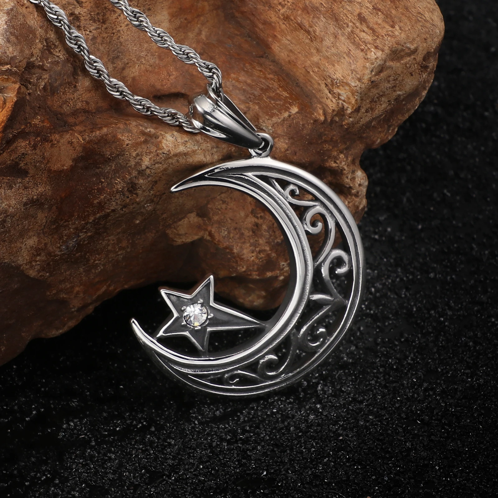 Fongten Moon Pendant Necklace For Women Men Stainless Steel Zircon Star Necklace Choker Male Hip Hop Silver Color Jewelry