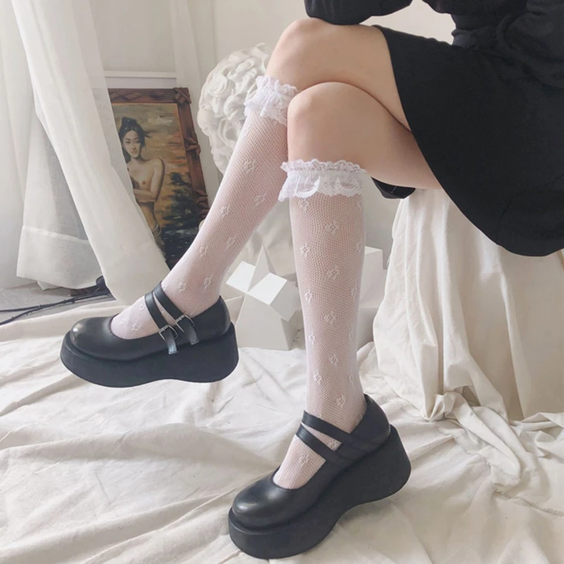 

Japanese JK Girly Girl Sweet Lace White Lolita Thin Mid-Calf Bunching Socks Women's Summer Fashion