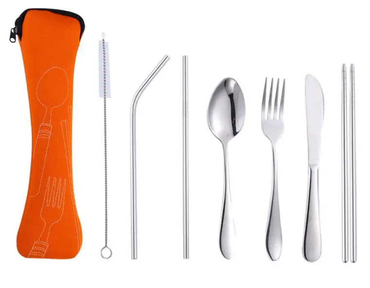 7Pcs/Set Stainless Steel Tableware Set Portable Spoon Fork Knife Lunch Set Travel Tableware Dinnerware With Bag SN2619