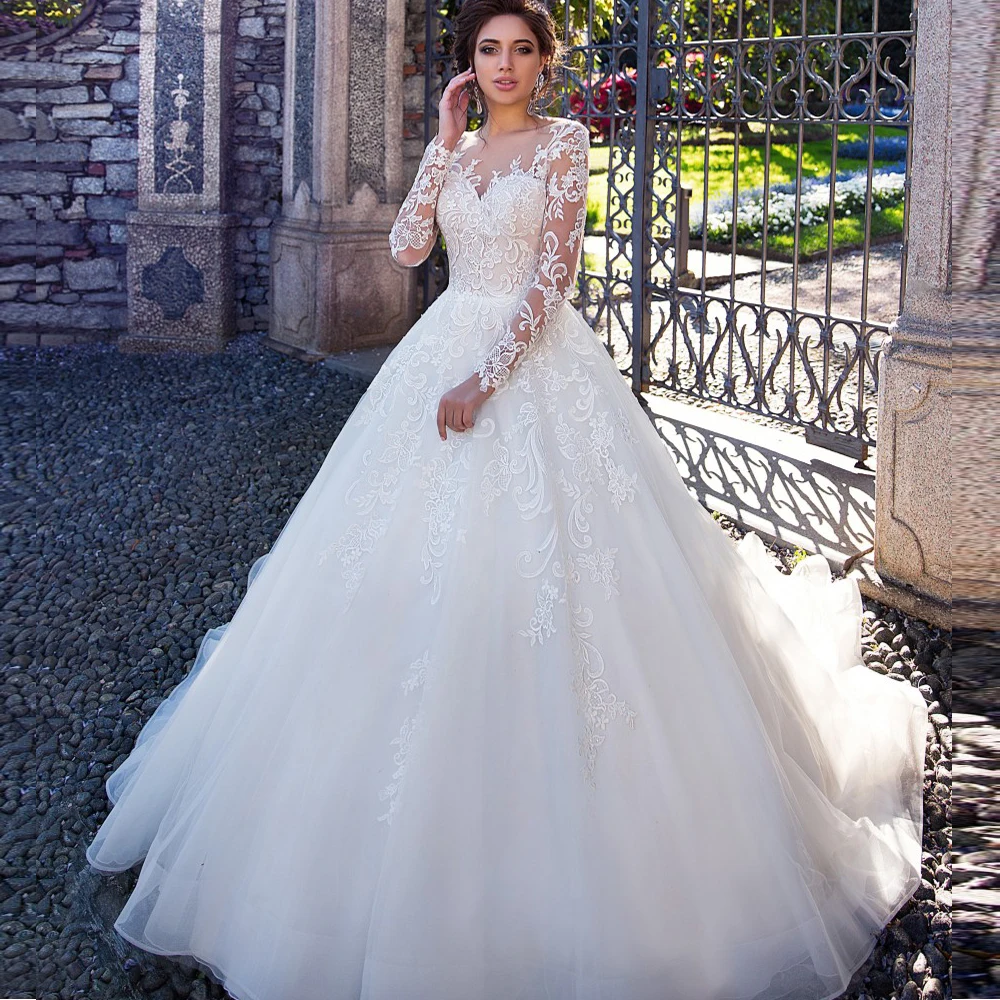 Elegant Ball Gown Tulle Wedding Dresses With Long Sleeve Illusion Lace Appliques Vintage Bridal Gown Boho Princess Party Dress