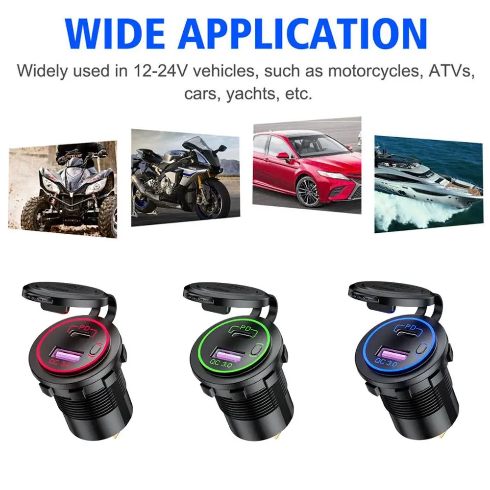 防水12v 24v QC3.0 usbタイプc pd高速車の充電器の電源スイッチとトラックオートバイマリンボートsuv atv携帯電話