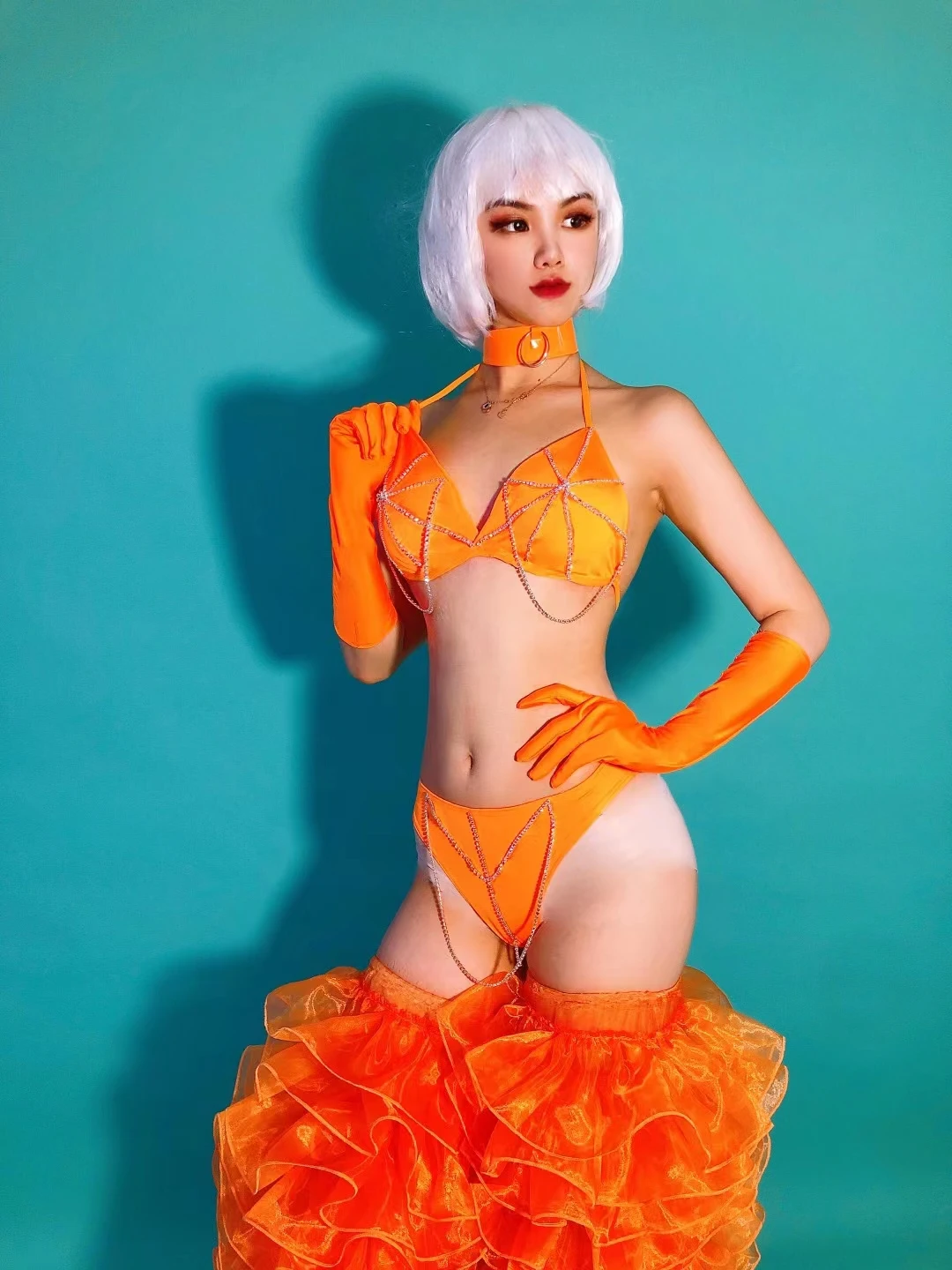 Bar Dance Team Gogo Costume Women DJ Dancer Nightclub Party Show Sexy Stage Wear Orange Blue Rhinestones Bikini Leg Coves Outfit