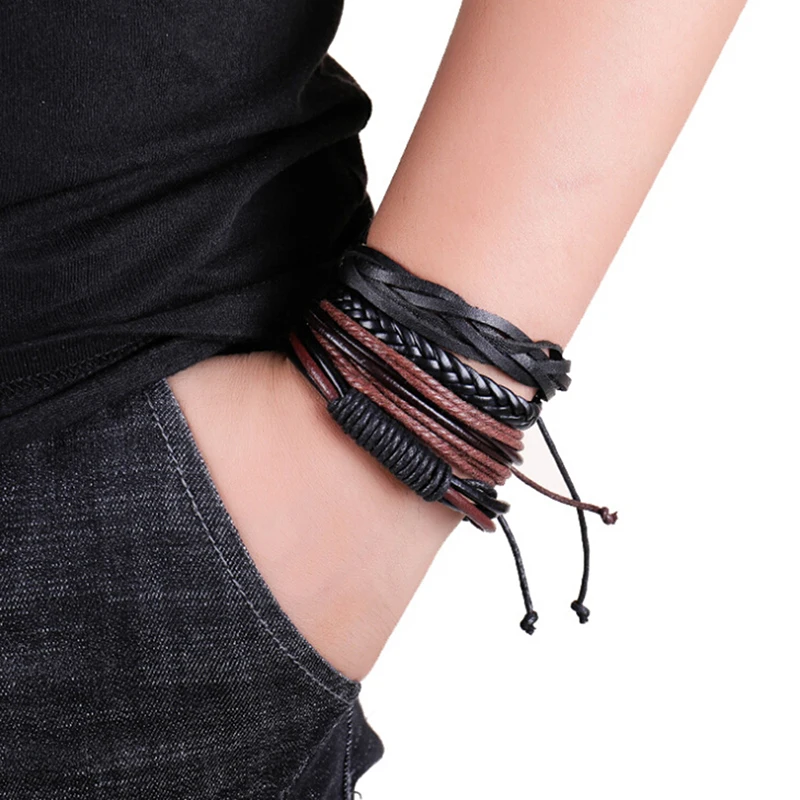 4Pcs/Set Multilevel Braided Wrap Bracelets For Man Fashion Casual Handmade Woven Male Wristbands Jewelry Gifts