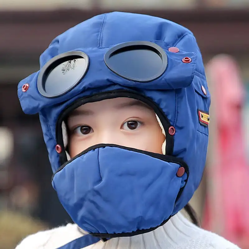 5-10 Years Children Winter Bomber Hats Balaclava Mask Windproof Lined Fleece Hat Boys Girls Earflaps Ski Cap Multicolor