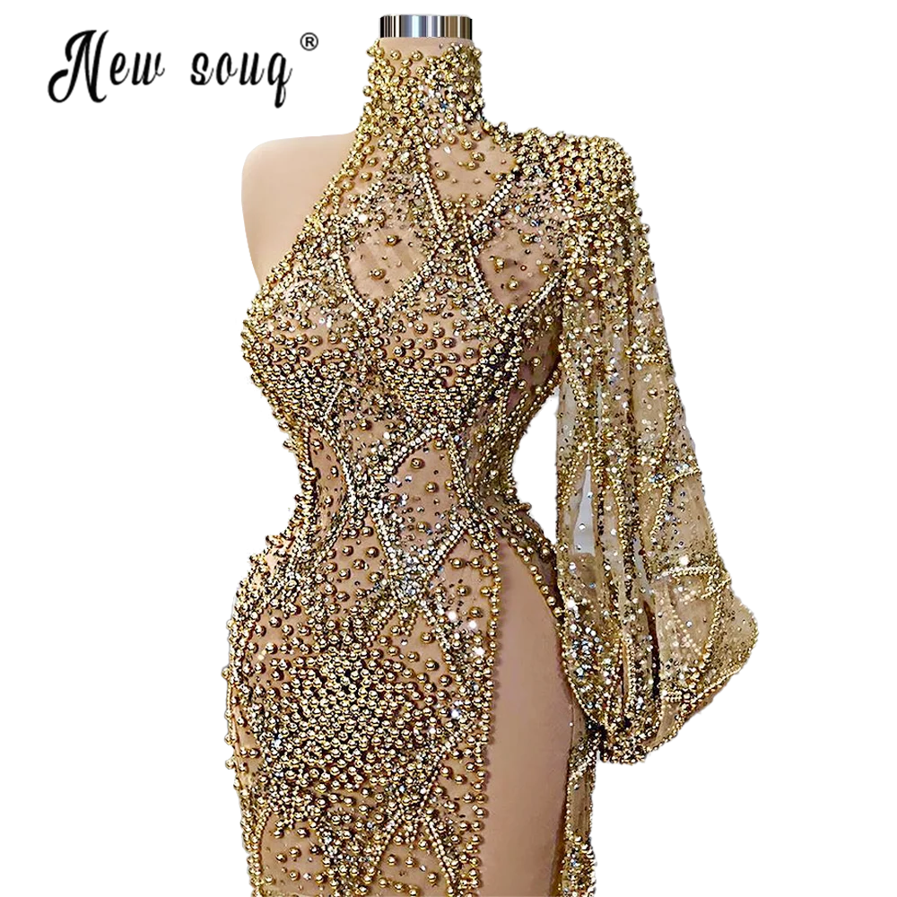 

Gold Elegant Beads High Neck Evening Dress 2024 Long Sleeve Mermaid Vestidos De Fiesta Arabic Red Carpet Runway Gowns Robes