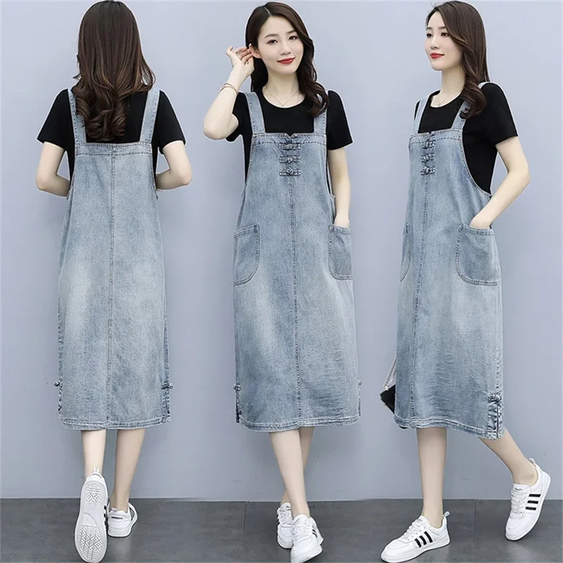 Korean Fashion Denim Sundress Preppy Style Midi Jeans Dress Women Suspenders Loose Jeans Dresses Female Overalls Robe Femme C