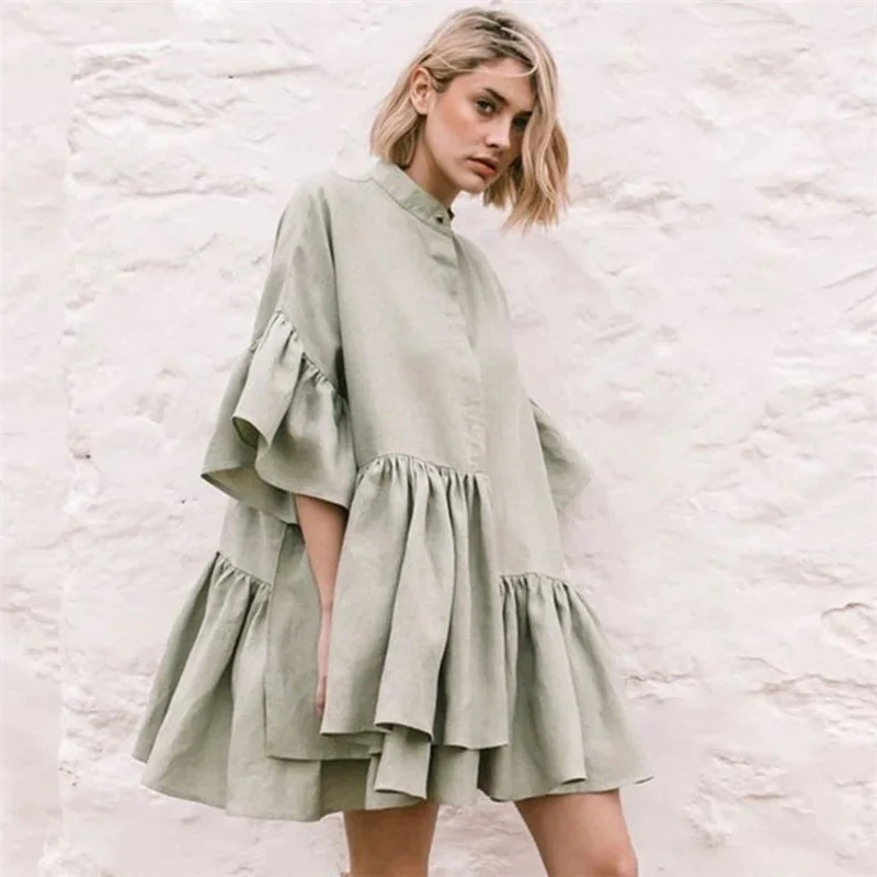 Summer Dresses for Women Ruffle Maxi Short Dress Plus Size Casual Loose Dress Shirt  Polo Irregular Green Dress Prom White Dress