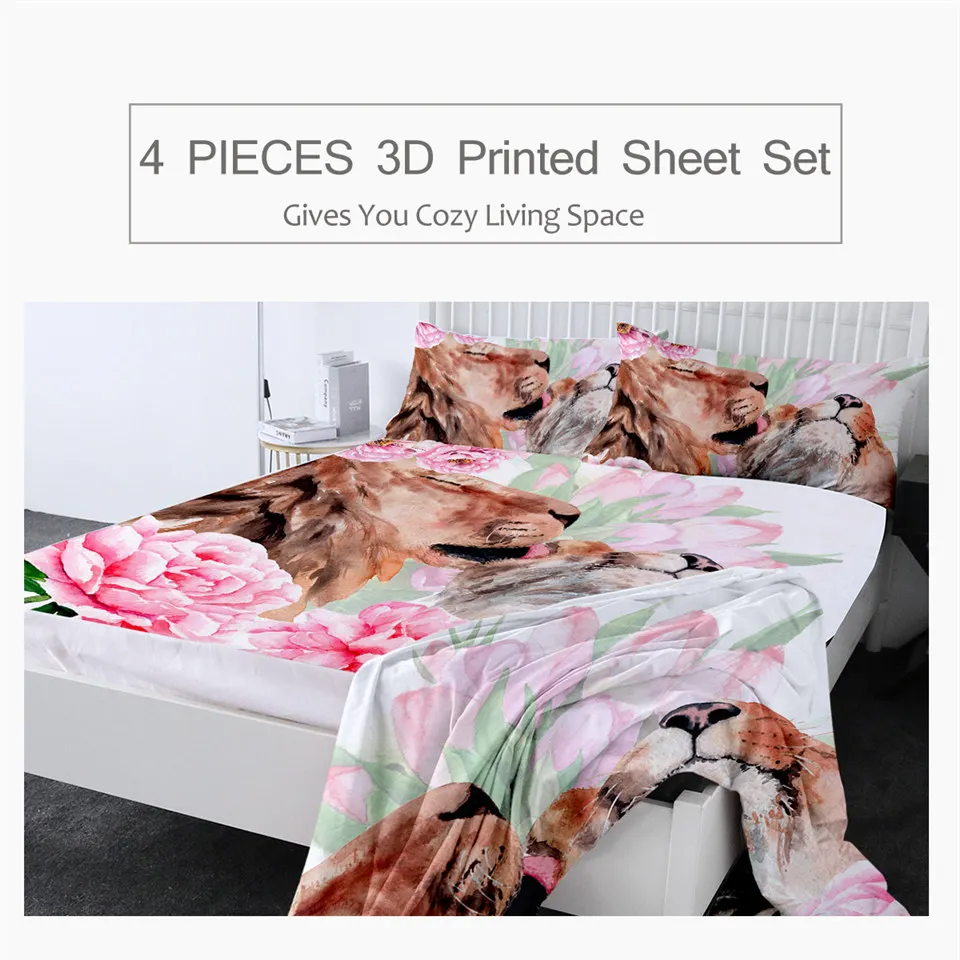 BeddingOutlet Lions Fitted Sheet Watercolor Bed Sheet Set Cartoon Animal Flat Sheet Pink Flower Bedding King 4pcs Mattress Cover