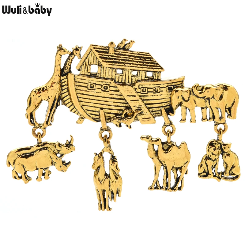 Wuli&baby Animals in Noah's Ark Brooch Pins Shelter Boat Vintage Brooch Jewelry Gift Metal Badge