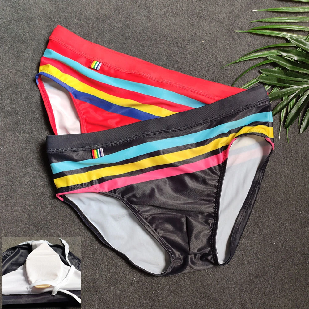 Sexy Rainbow Stripes Swimsuit Men Swimwear Push Up Pad Mens Swim Briefs Bikini Swimming Trunks For Man Beach Surf Bath Suit Wear