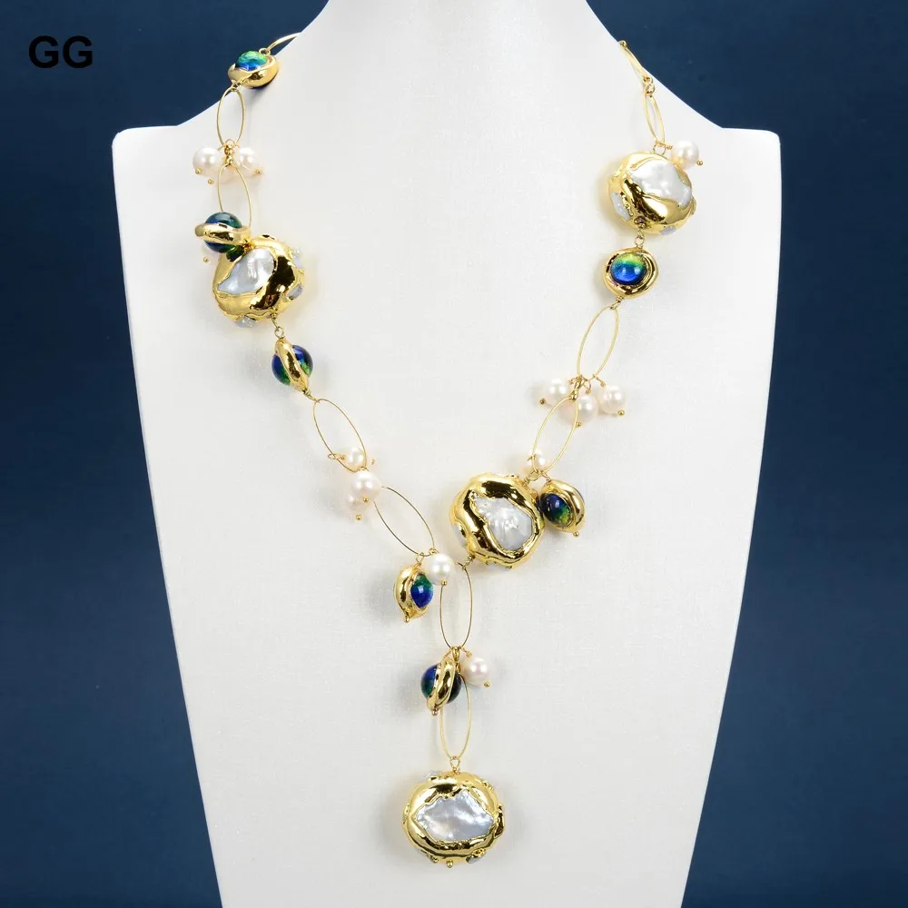 G-G Freshwater Cultured White Keshi Pearl Blue Murano Glass Necklace 21