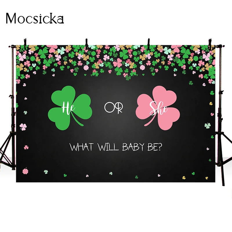 Mocsicka Gender Reveal Photography Background Clover Decoration Props Boy Girl Child Portrait Studio Photo Backdrop Banner