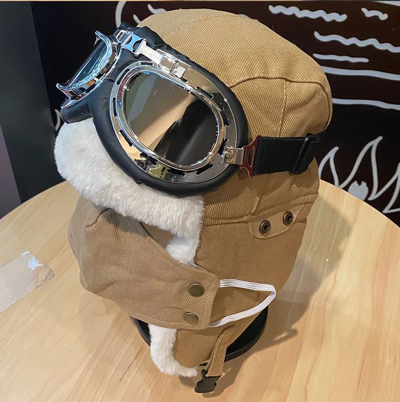 2021 Aviator Hats Men and Women Winter Thickened Warm Earmuffs Biking Skiing Cold Wind with Mask Cotton Cap Glasses Lei Feng Cap