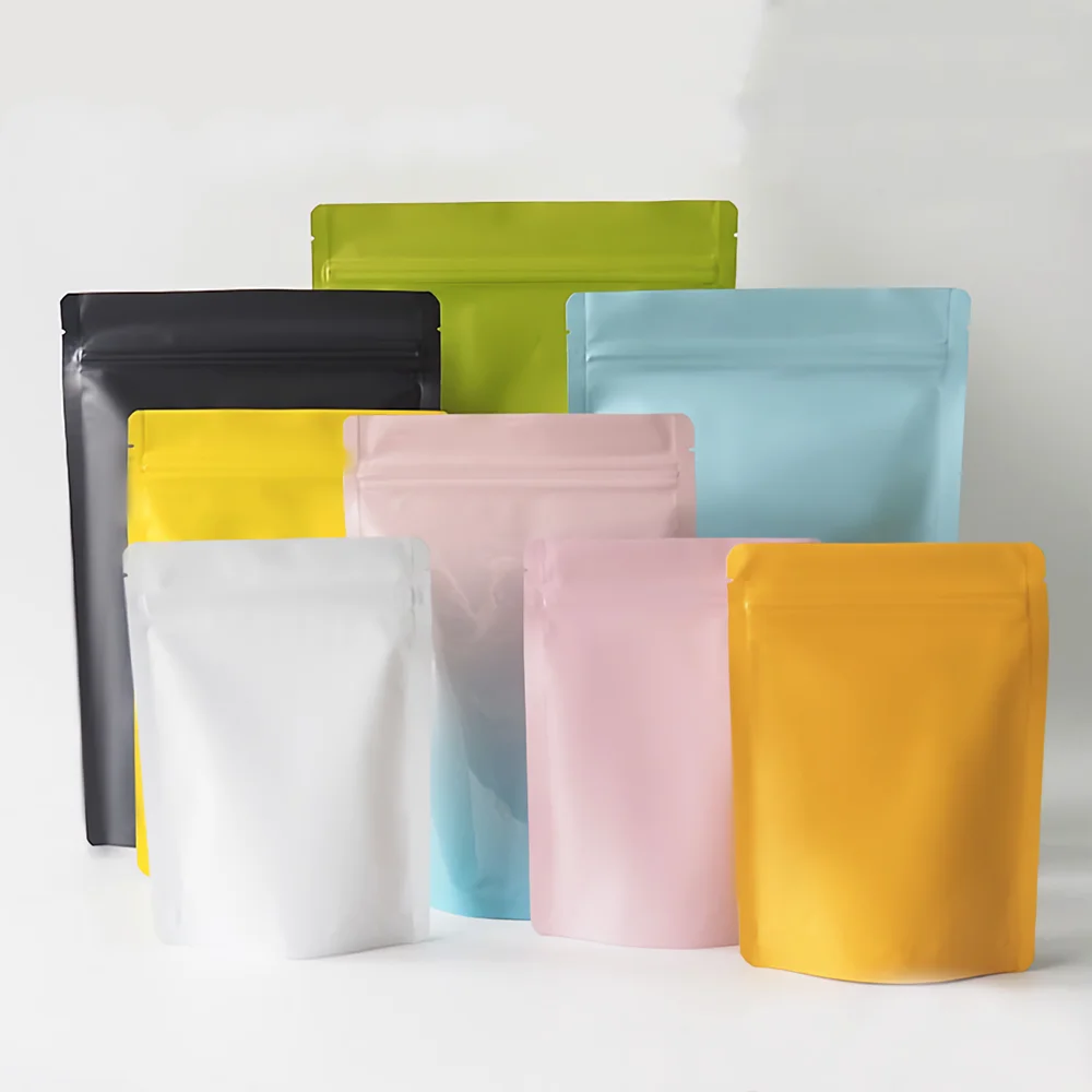 Thick Matte Green Orange Pink Aluminum Foil Stand Up Zip Lock Pouches Reclosable Metallic Mylar Food Storage Ziplock Bags 50pcs