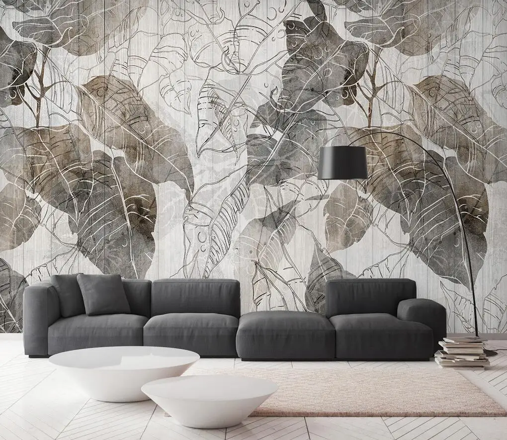 

Custom silk material 3d wallpaper modern wood board retro green leaves abstract watercolor bedroom background wall 3d wallpaper