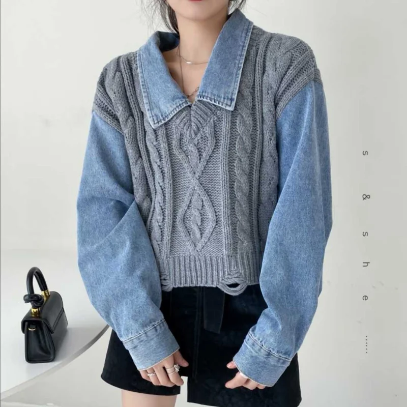 

Fall Winter 2021 New Knit Pullover Sweaters Women Loose Fake Two-piece Sweater Korean Fashion Denim Stitching Polo Collar Tops