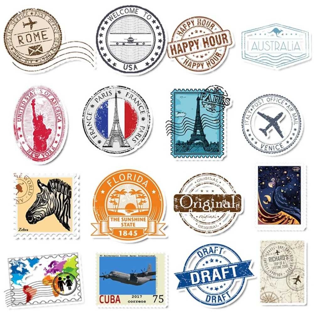 10/30/50pcs Vintage Stamp Stickers Landmark Building DIY Decals Toy Travel Suitcase Laptop Luggage Waterproof Graffiti Sticker