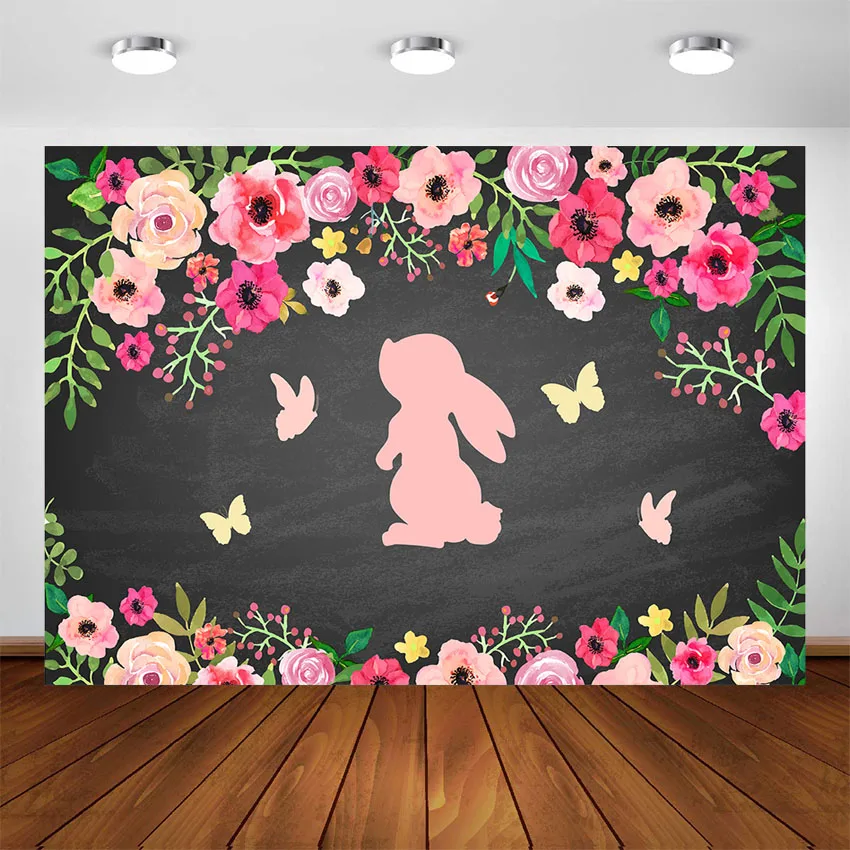 

Spring Easter Bunny Birthday Party Decorations Backdrop for Baby Girl Rabbit Flower Birthday Banner Custom Photography Backdrop