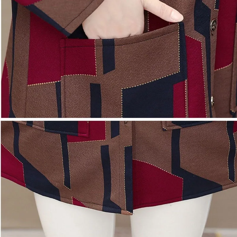 Middle-Aged Elderly Mothers Add Velvet Plaid Shirt Tops Spring Autumn New Women\'s Cardigan Jacket Long-Sleeved Top Outerwear