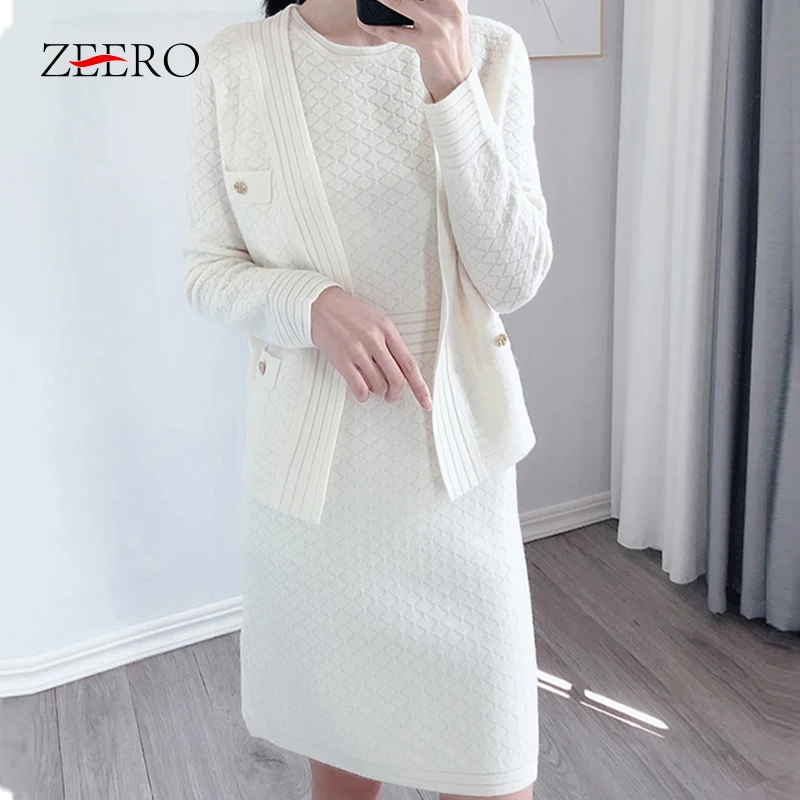 

Autumn Winter Wool Jacquard Knitting Two Piece Sets Women Plaid V-Neck Long Sleeve Cardigan Coat + O-Neck Sleeveless Vest Dress