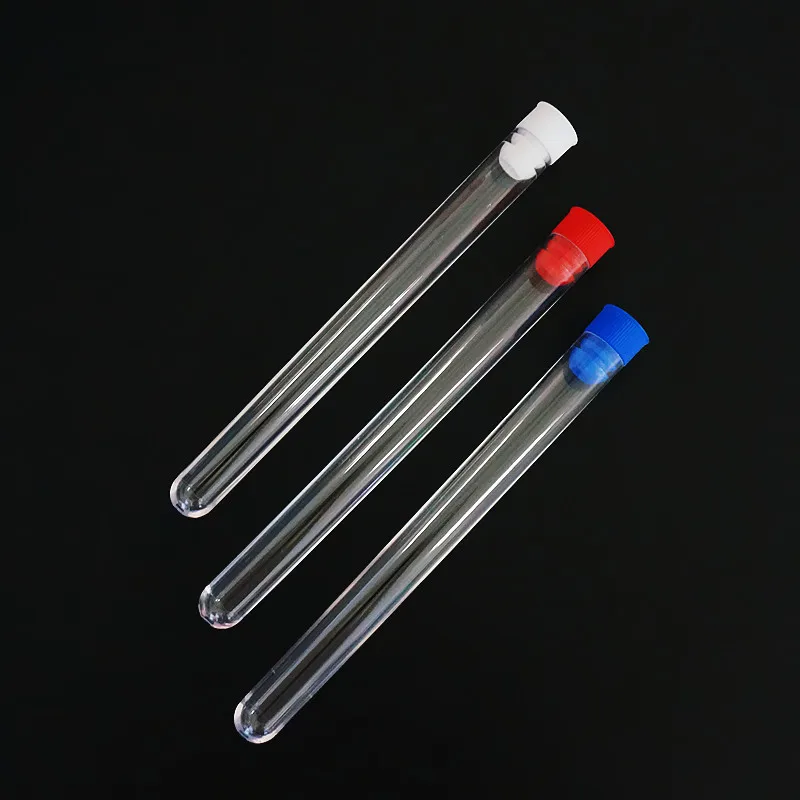 100pcs/lot 15x150mm Clear Plastic Test Tubes With Blue/Red/White Stopper Push Cap For Kind Experiments And Tests