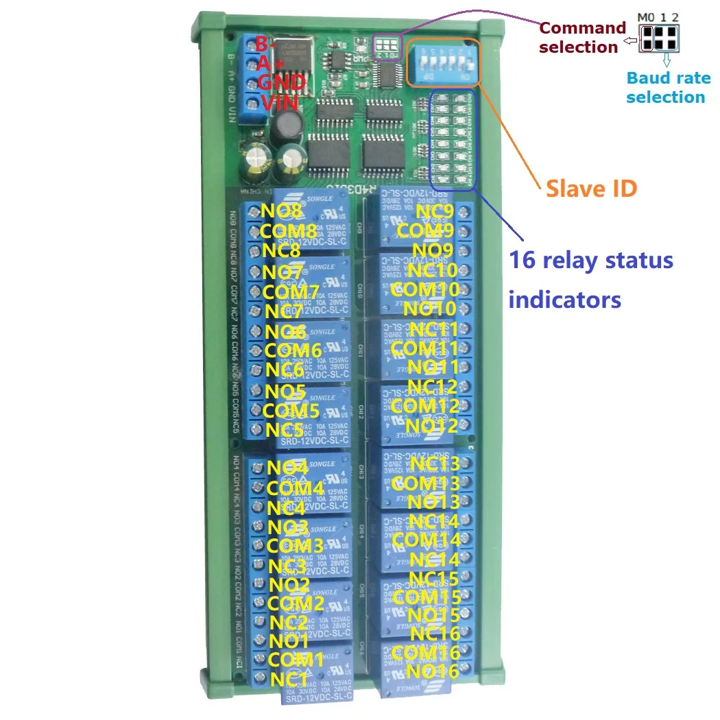 

DC 12V DIN35 C45 Rail Box 16 Channel RS485 Relay Module Modbus RTU UART Control Switch Board for PLC PTZ Camera Motor LED